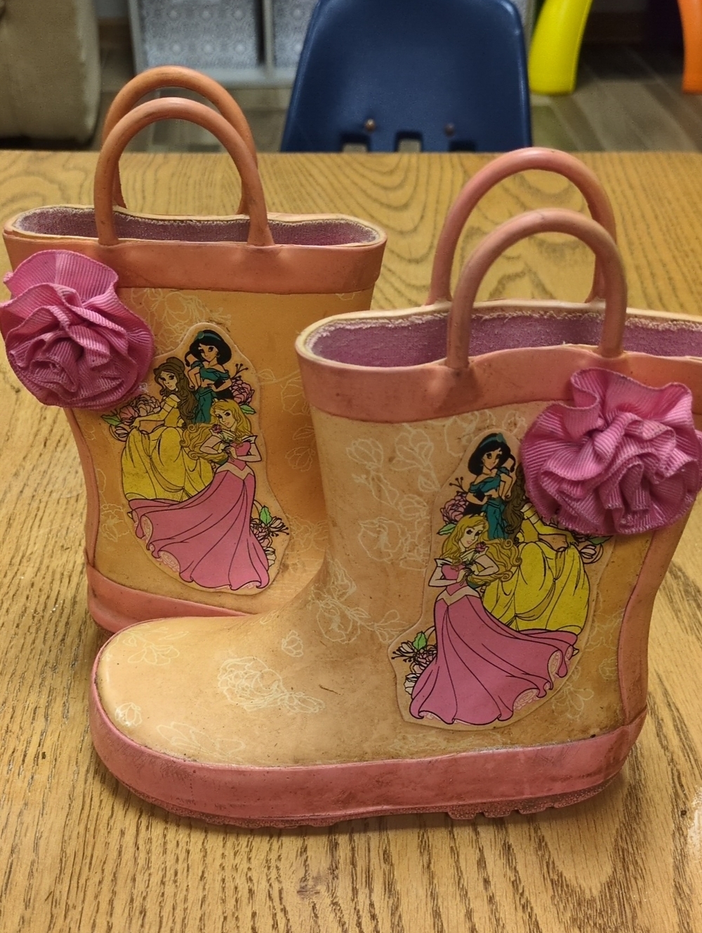 Disney Girls Peach and Pink Princess Rain Boots with Flower Accent
